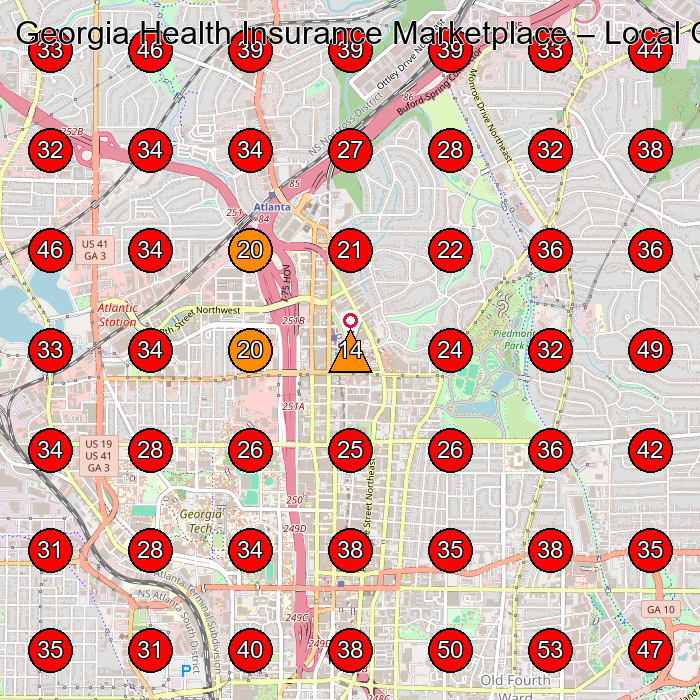 Georgia Health Insurance Marketplace GeoGrid visibility map for Health Insurance Agency in Sandy Springs